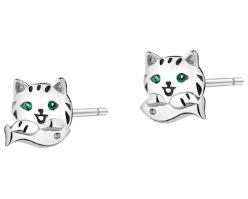 Kolczyki srebrne z cyrkoniami i emalią - koty, ryby