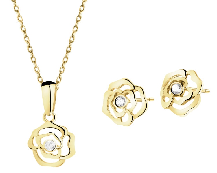 Złote kolczyki i zawieszka z cyrkoniami - komplet - kwiaty