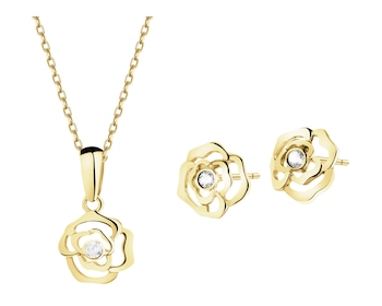 Złote kolczyki i zawieszka z cyrkoniami - komplet - kwiaty