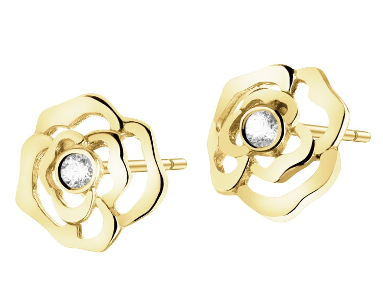 Złote kolczyki i zawieszka z cyrkoniami - komplet - kwiaty