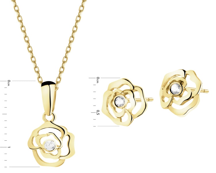 Złote kolczyki i zawieszka z cyrkoniami - komplet - kwiaty
