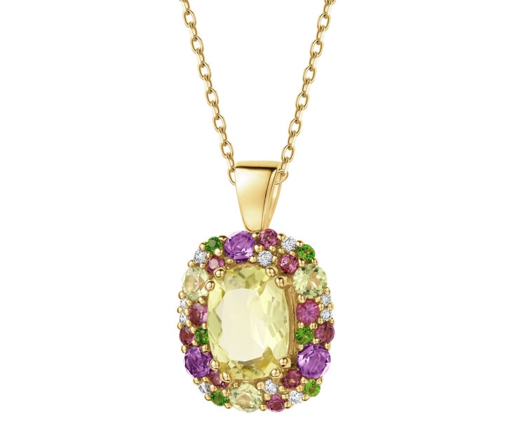 Zawieszka z żółtego złota z brylantami, kamieniami ozdobnymi i szlachetnymi - próba 585