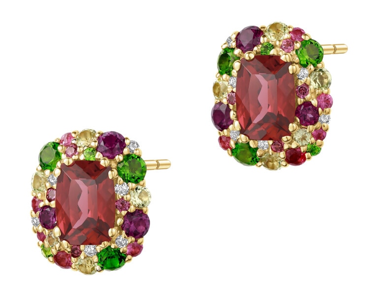 Kolczyki z żółtego złota z brylantami, kamieniami ozdobnymi i szlachetnymi