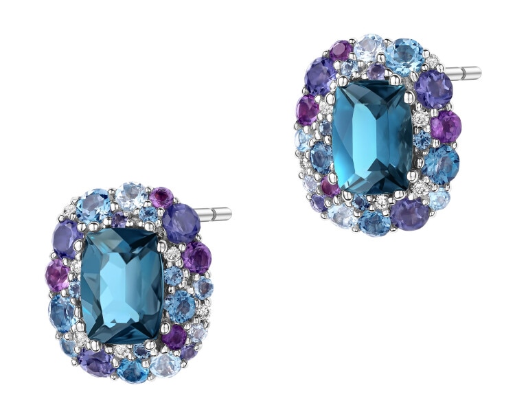 Kolczyki z białego złota z brylantami, kamieniami ozdobnymi i szlachetnymi - próba 585