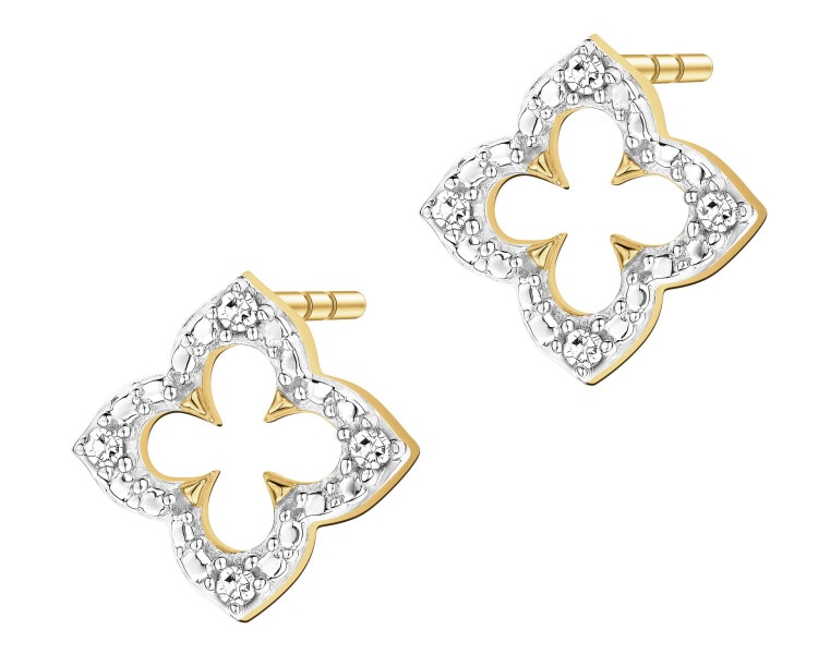 Kolczyki z żółtego złota z diamentami - kwiat - 0,02 ct - próba 375