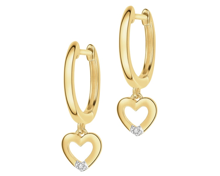 Kolczyki z żółtego złota z diamentami - serca - 0,008 ct - próba 375