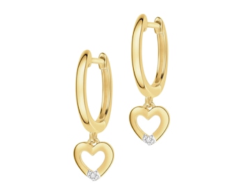 Kolczyki z żółtego złota z diamentami - serca - 0,008 ct - próba 375