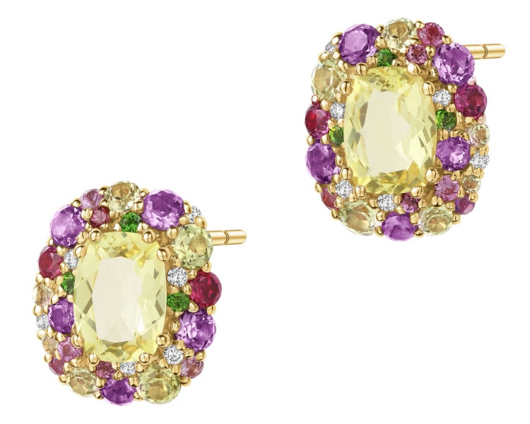 Kolczyki z żółtego złota z brylantami, kamieniami ozdobnymi i szlachetnymi - próba 585