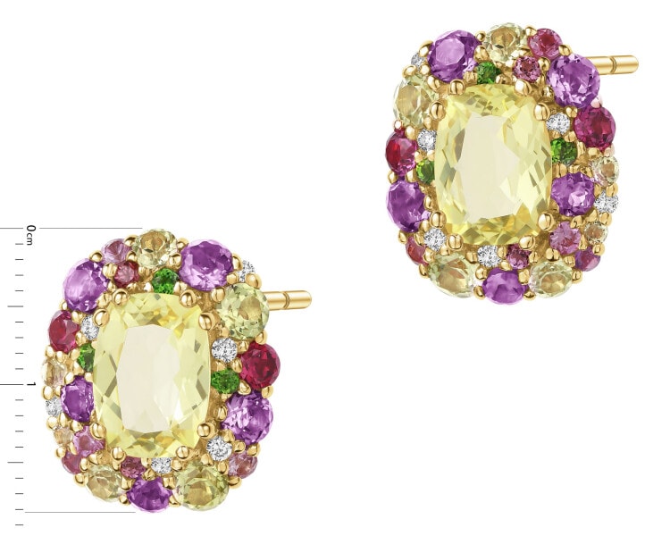 Kolczyki z żółtego złota z brylantami, kamieniami ozdobnymi i szlachetnymi - próba 585