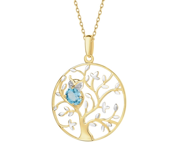 Zawieszka z żółtego złota z brylantami i topazem - drzewko, sowa - próba 585