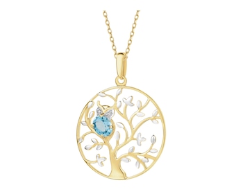 Zawieszka z żółtego złota z brylantami i topazem - drzewko, sowa - próba 585