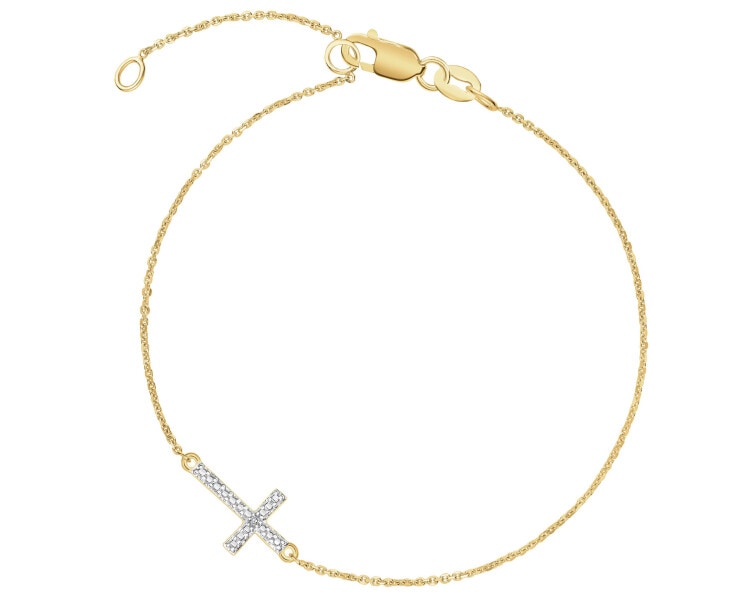 Bransoletka z żółtego złota z diamentem - krzyż - 0,003 ct - próba 375