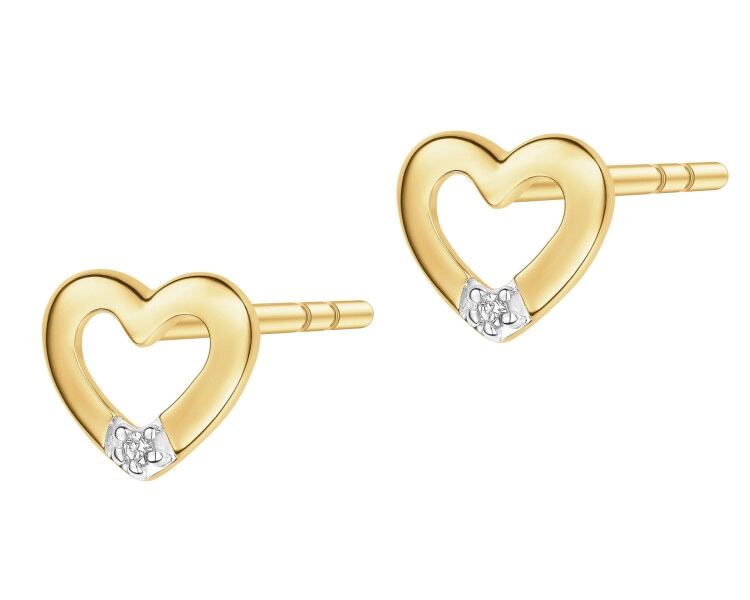 Kolczyki z żółtego złota z diamentami - serca - 0,008 ct - próba 375