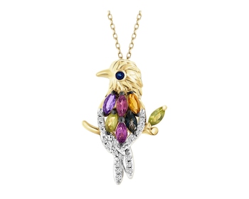 Zawieszka z żółtego złota z diamentami i kamieniami ozdobnymi - ptak - próba 585