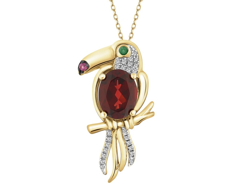 Zawieszka z żółtego złota z diamentami,  kamieniami szlachetnymi i ozdobnymi - tukan - próba 585