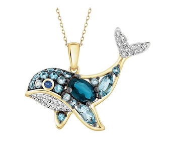 Zawieszka z żółtego złota z diamentami, szafirami i topazami - wieloryb - próba 585