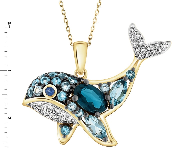 Zawieszka z żółtego złota z diamentami, kamieniami ozdobnymi i szlachetnymi - wieloryb - próba 585