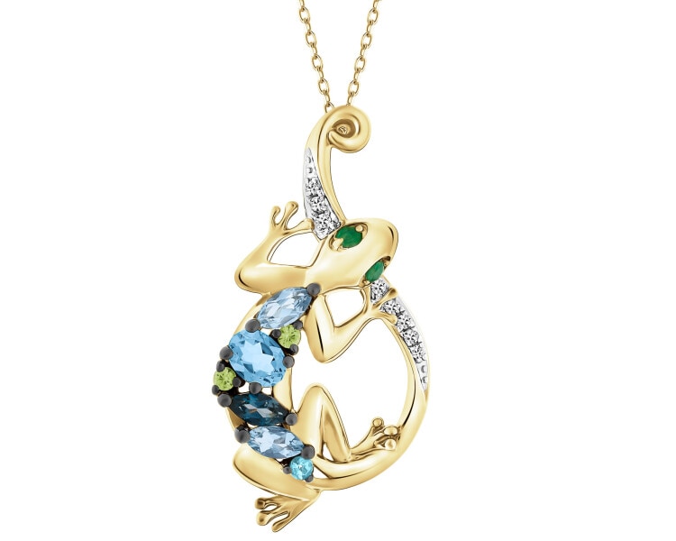 Zawieszka z żółtego złota z diamentami,  kamieniami szlachetnymi i ozdobnymi -  jaszczurka - próba 585