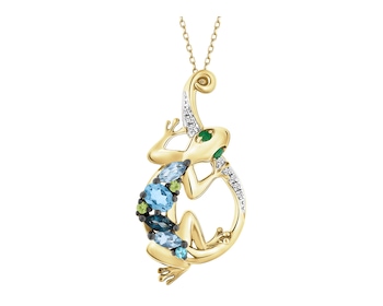 Zawieszka z żółtego złota z diamentami,  kamieniami szlachetnymi i ozdobnymi -  jaszczurka - próba 585