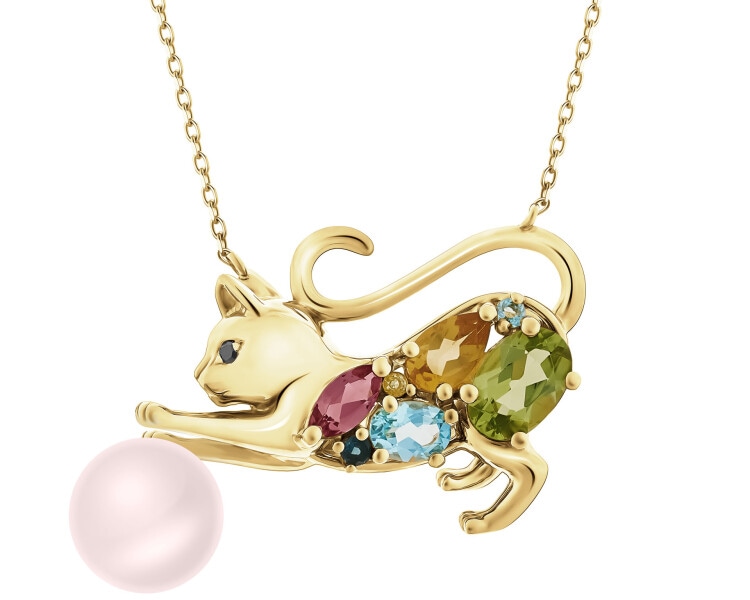Naszyjnik z żółtego złota z diamentami, perłą i kamieniami ozdobnymi - kot - próba 585