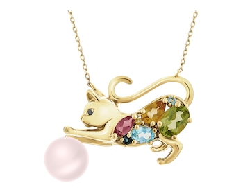 Naszyjnik z żółtego złota z diamentami, perłą i kamieniami ozdobnymi - kot - próba 585