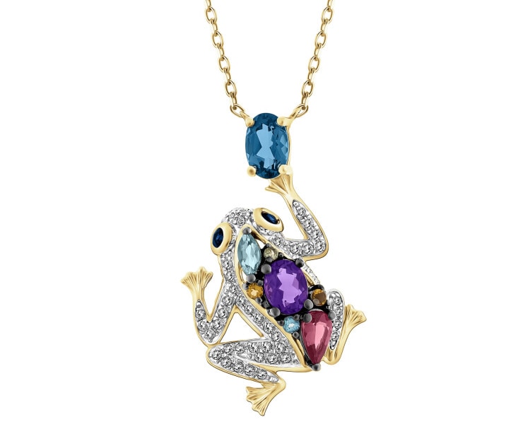 Naszyjnik z żółtego złota z diamentami, kamieniami szlachetnymi i ozdobnymi - żaba - próba 585