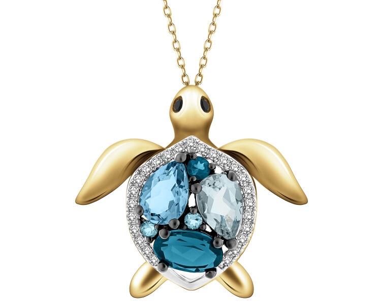 Zawieszka z żółtego złota z diamentami, szafirami i topazami - żółw - próba 585
