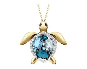 Zawieszka z żółtego złota z diamentami, szafirami i topazami - żółw - próba 585