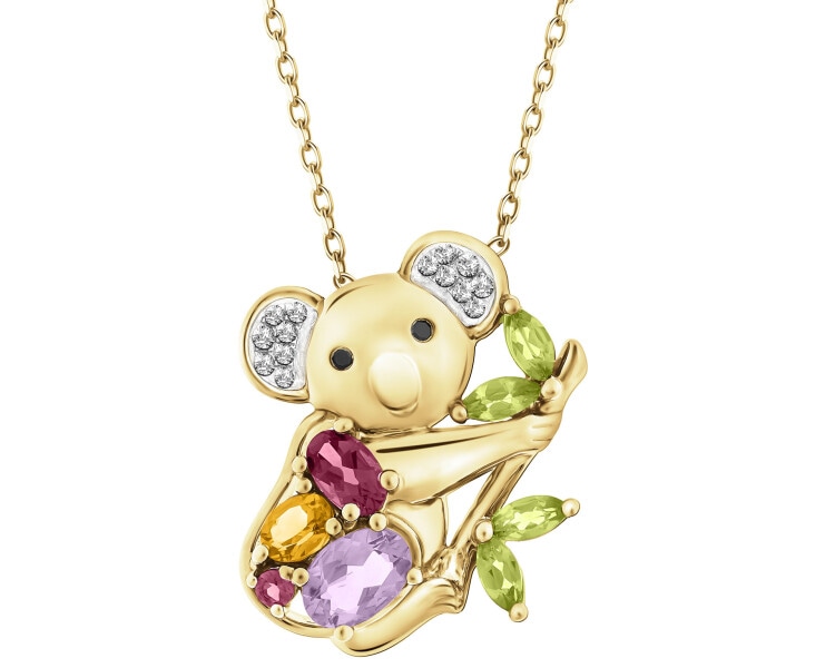 Naszyjnik z żółtego złota z diamentami, kamieniami szlachetnymi i ozdobnymi - miś koala - próba 585