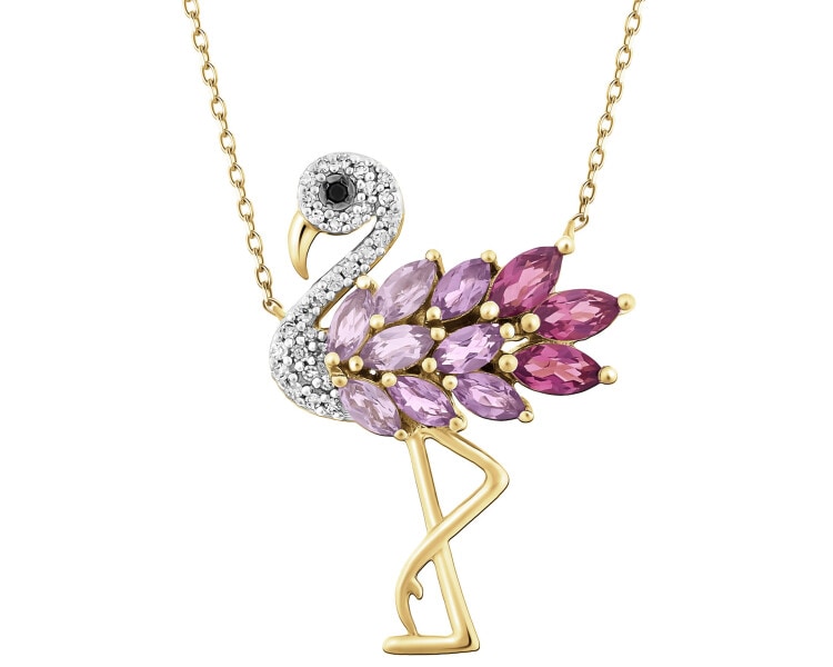 Naszyjnik z żółtego złota z diamentami i kamieniami ozdobnymi - flaming - próba 585