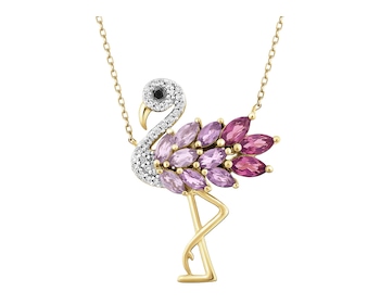 Naszyjnik z żółtego złota z diamentami i kamieniami ozdobnymi - flaming - próba 585