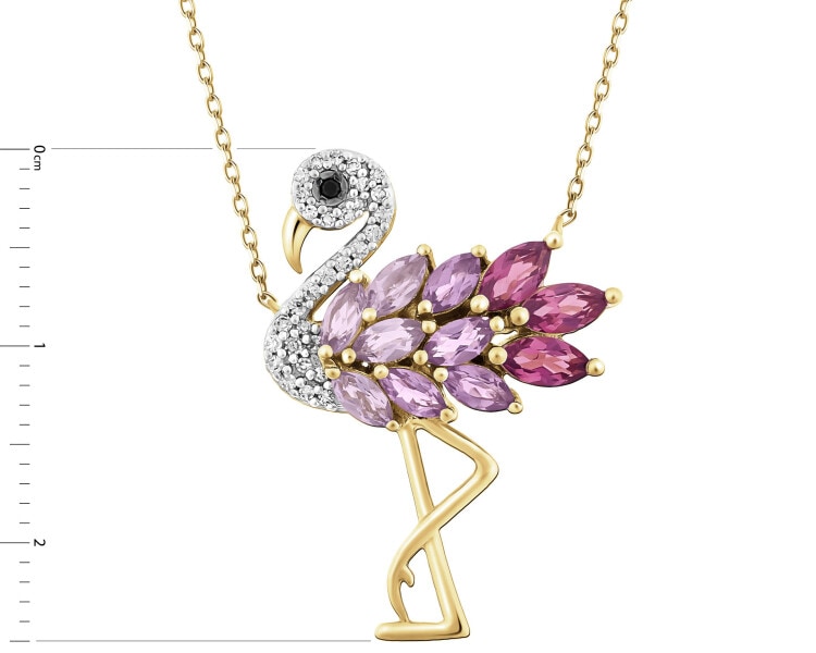 Naszyjnik z żółtego złota z diamentami i kamieniami ozdobnymi - flaming - próba 585