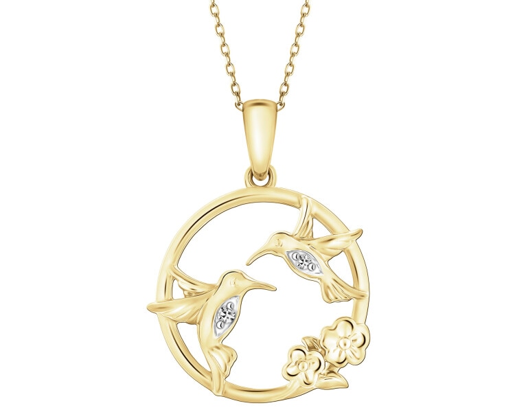Zawieszka z żółtego złota z diamentami -kolibry, koło, kwiaty - 0,01 ct - próba 375