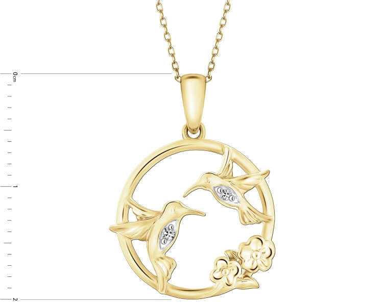 Zawieszka z żółtego złota z diamentami -kolibry, koło, kwiaty - 0,01 ct - próba 375