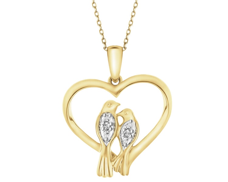 Zawieszka z żółtego złota  z diamentami -serce, ptaki - 0,01 ct - próba 375