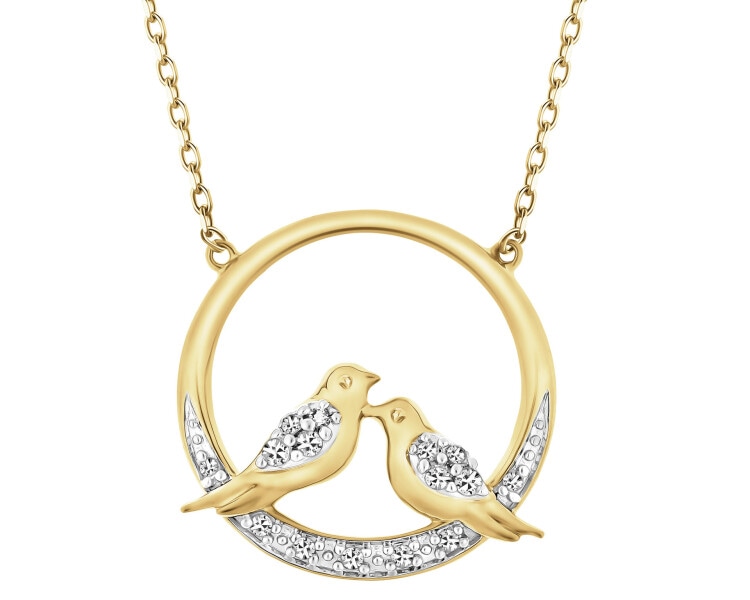 Naszyjnik z żółtego złota z diamentami - koło, ptaki - 0,06 ct - próba 375