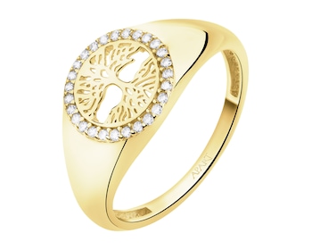 Złoty pierścionek z cyrkoniami - sygnet - drzewko