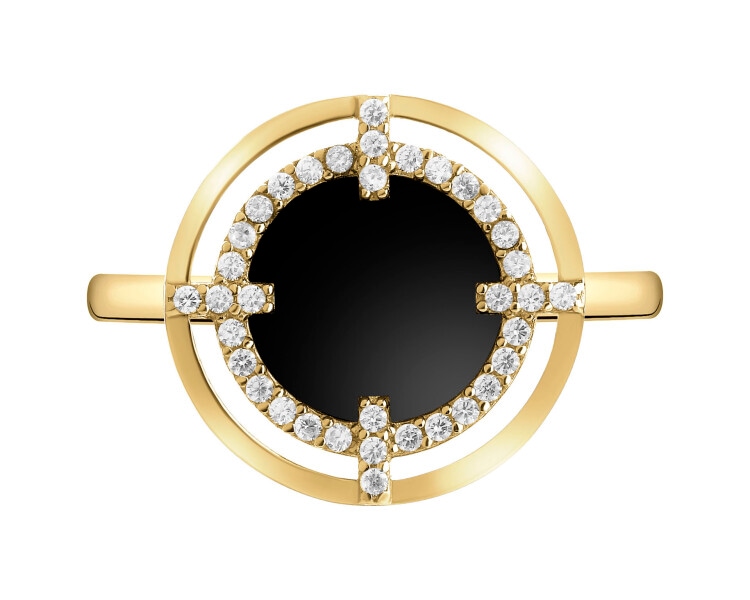 Złoty pierścionek z onyksem syntetycznym i cyrkoniami