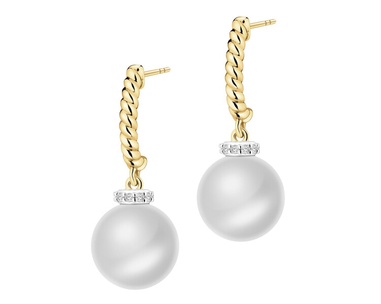 Kolczyki z żółtego złota z diamentami i perłami - próba 585