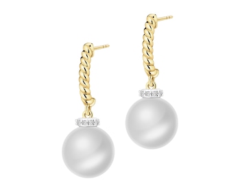Kolczyki z żółtego złota z diamentami i perłami - próba 585