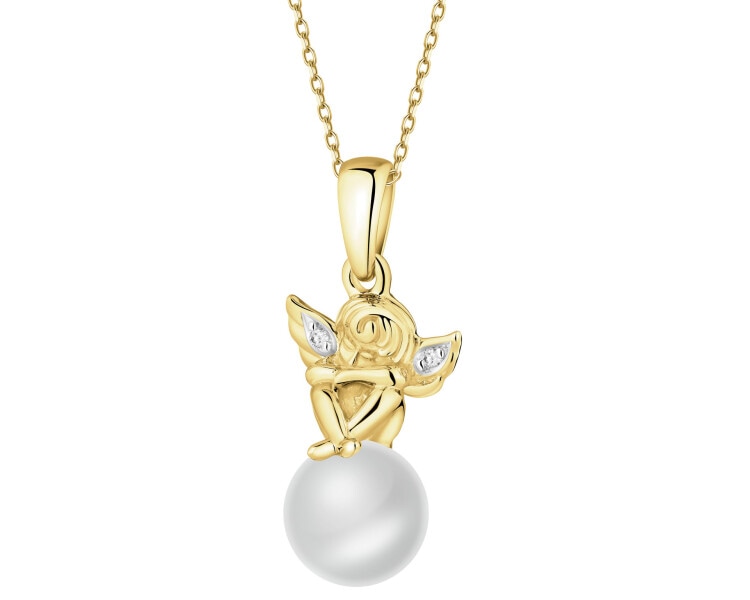 Zawieszka z żółtego złota z diamentami i perłą - aniołek - próba 585
