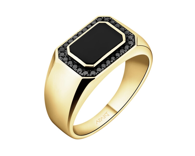 Pierścionek z żółtego złota z czarnymi brylantami i onyksem - sygnet - próba 585