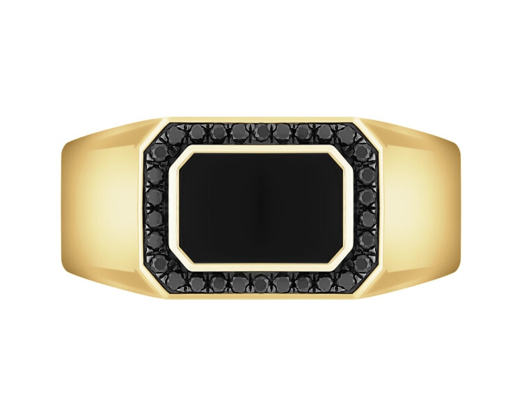 Pierścionek z żółtego złota z czarnymi brylantami i onyksem - sygnet - próba 585