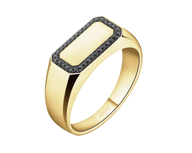 Pierścionek z żółtego złota z czarnymi brylantami - sygnet - 0,13 ct - próba 585