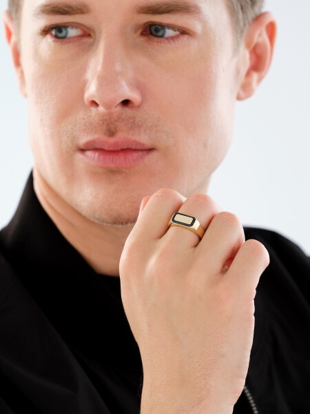 585 Yellow Gold Ruthenium-Plated Signet Ring with Black Diamond, Treateds - 0,13 ct - fineness 585