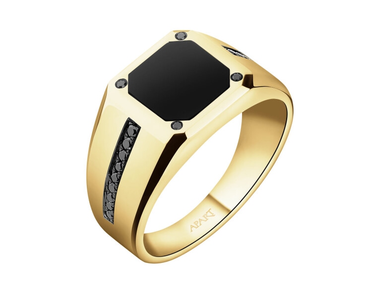 Pierścionek z żółtego złota z czarnymi brylantami i onyksem - sygnet - próba 585