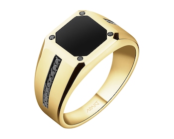 Pierścionek z żółtego złota z brylantami i onyksem - sygnet - próba 585
