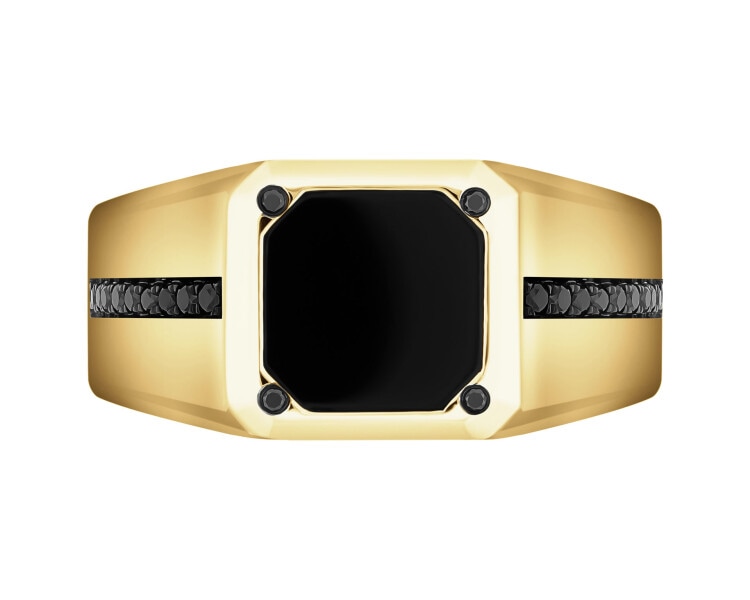 Pierścionek z żółtego złota z czarnymi brylantami i onyksem - sygnet - próba 585