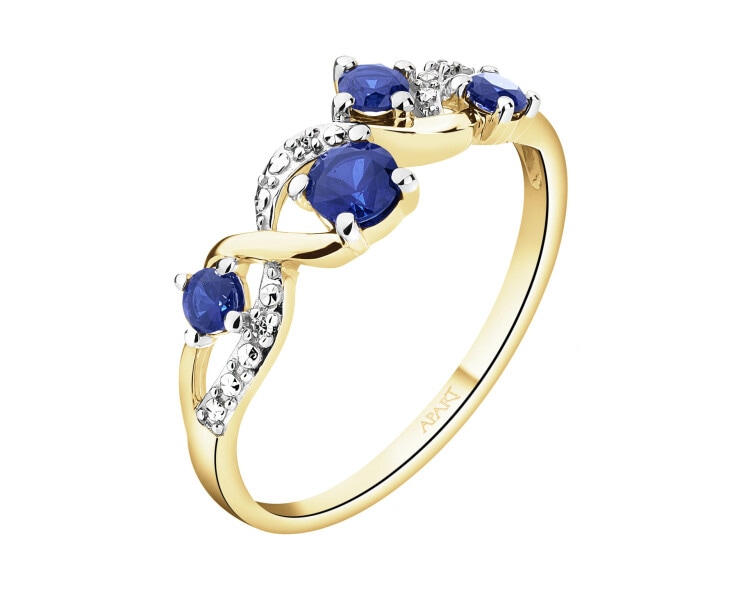 Pierścionek z żółtego złota diamentami i szafirami syntetycznymi - próba 585