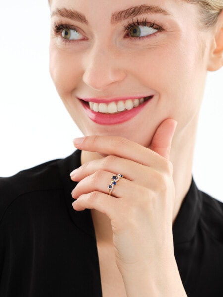 Pierścionek z żółtego złota diamentami i szafirami syntetycznymi - próba 585